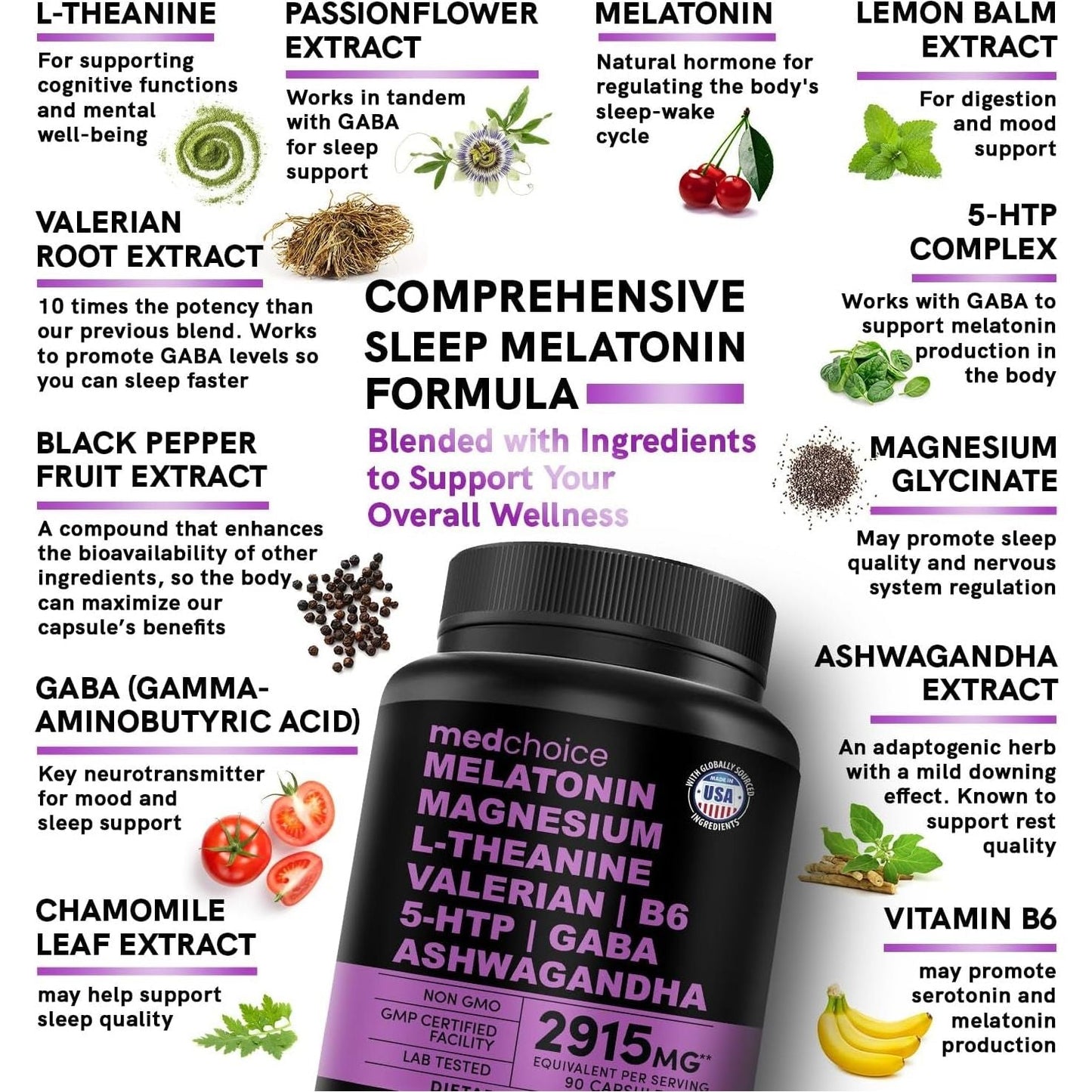 12-In-1 Melatonin Capsules - Natural Sleep Aids for Adults (90 Ct)
