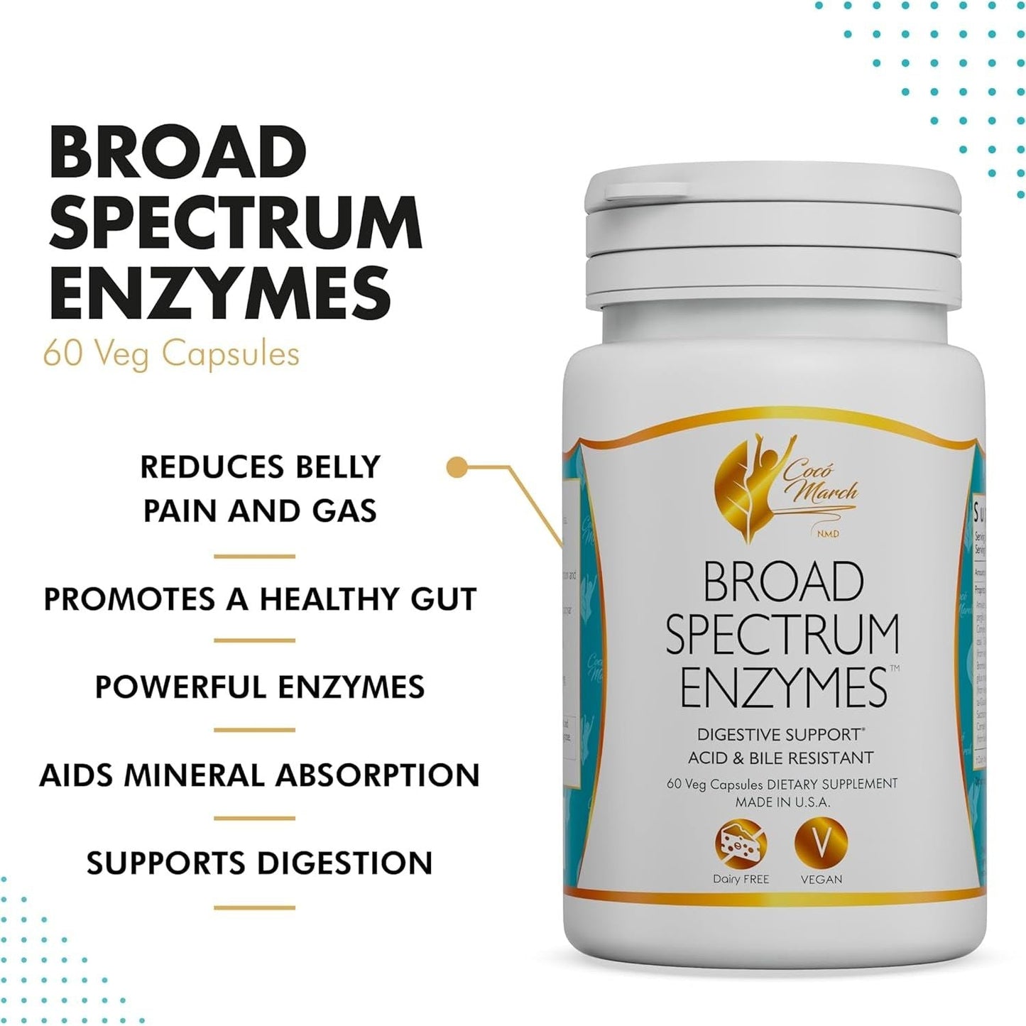 Coco March Broad Spectrum Enzymes- 18 Enzymes for Gluten-Lactose-Digestive Support 460 Mg Proprietary Blend, 60 Capsules