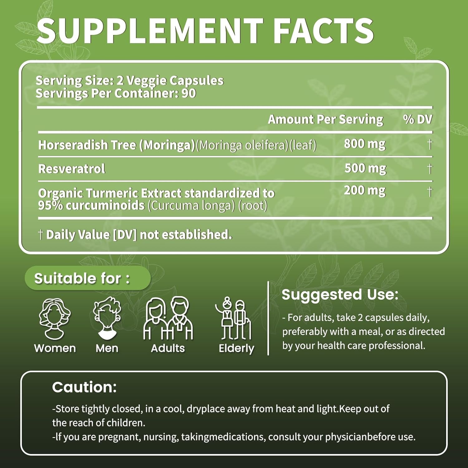 VEV Moringa Capsules with Resveratrol 500Mg & Turmeric Curcumin Supplement (180 Counts)