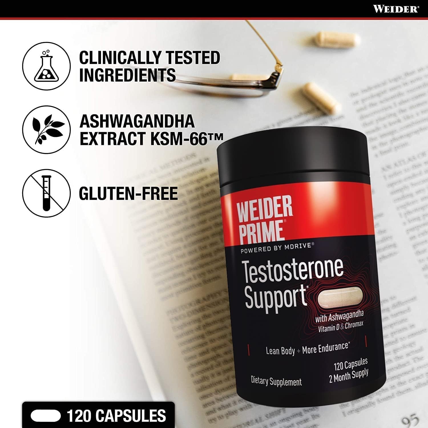 Weider Prime Low T Support - KSM 66 Ashwagandha - Improve Energy, Lean Body Mass - 2 Month Supply