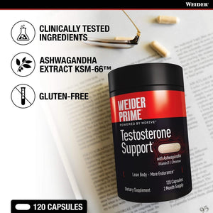 Weider Prime Low T Support - KSM 66 Ashwagandha - Improve Energy, Lean Body Mass - 2 Month Supply