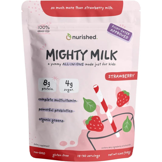 Mighty Strawberry Milk - Kids All-In-One Daily Protein Powder & Multivitamin Boosted with 2 Billion Probiotics & Organic Spinach 15-30 Servings