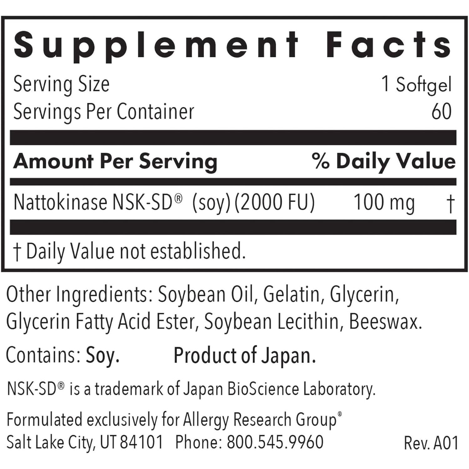 Allergy Research Group - Nattokinase Supplement NSK-SD 2000 FU, 100Mg - Cardiovascular/Circulatory Health - 60 Softgels