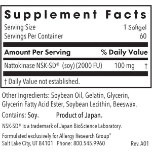 Allergy Research Group - Nattokinase Supplement NSK-SD 2000 FU, 100Mg - Cardiovascular/Circulatory Health - 60 Softgels
