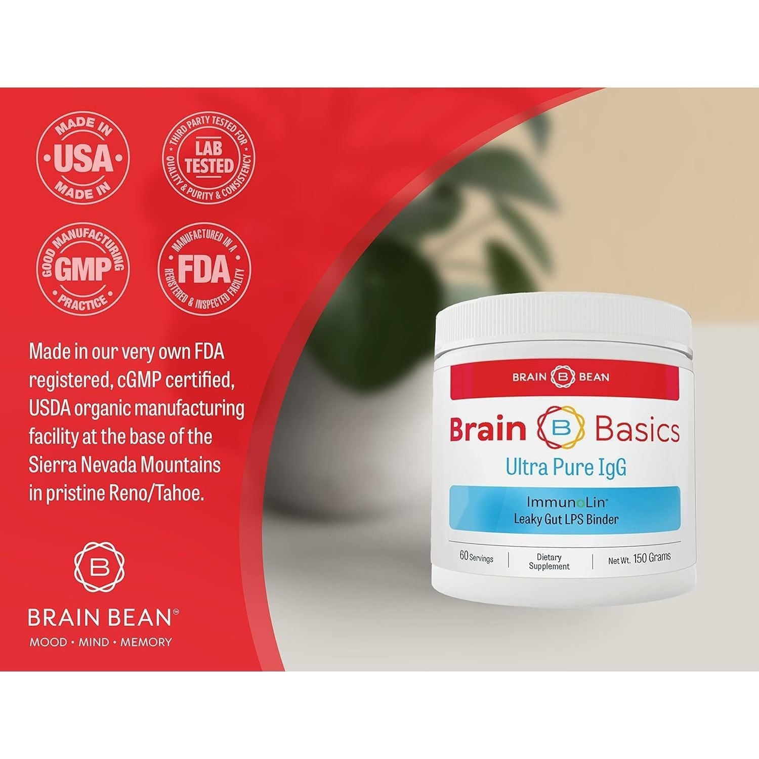 Brain Basics Ultra Pure Igg Supplement - Blended Vitamin & Mineral Supplements, 150G, 60 Servings