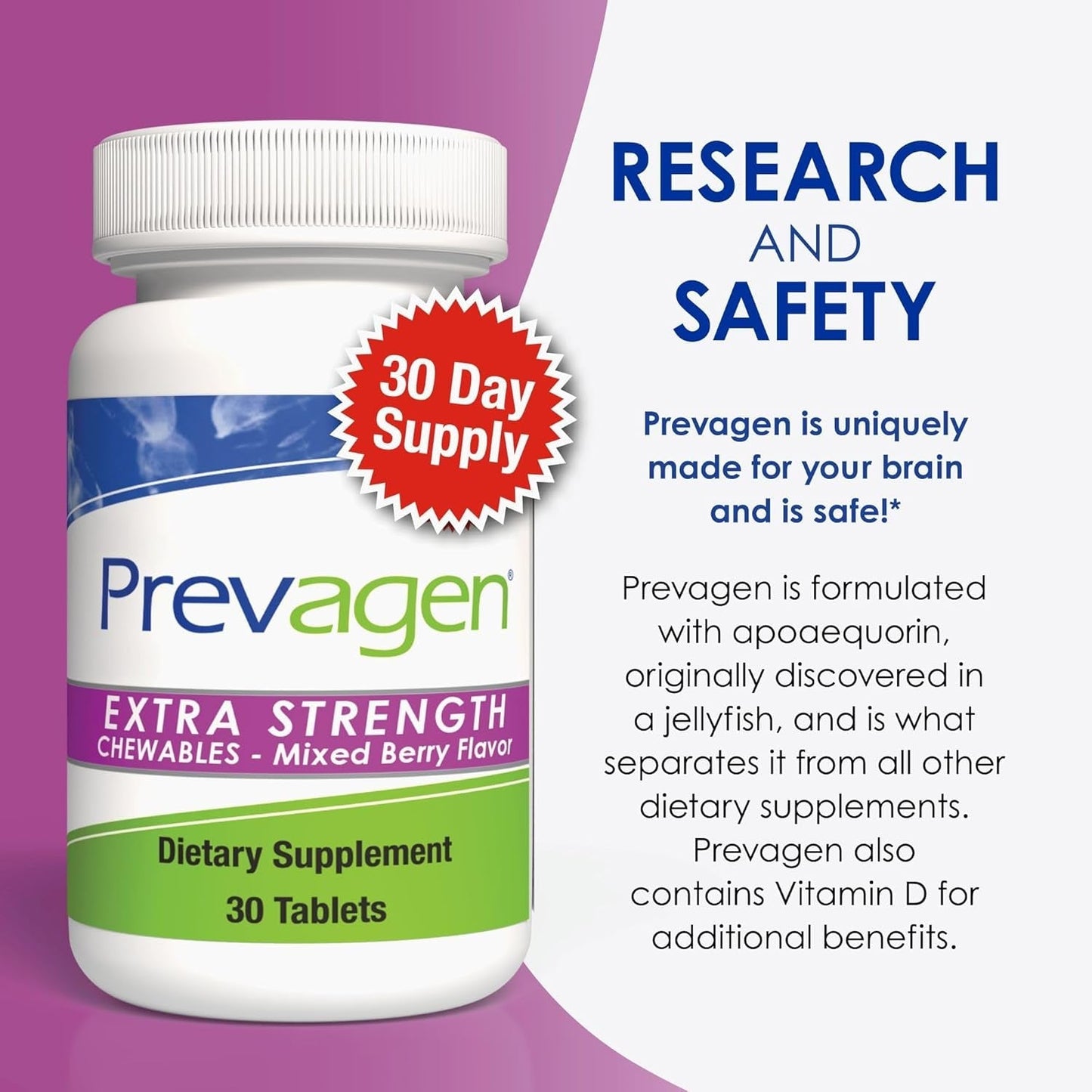 Prevagen Extra Strength 20Mg, With Apoaequorin & Vitamin D (30 Chewables) Mixed Berry Flavor