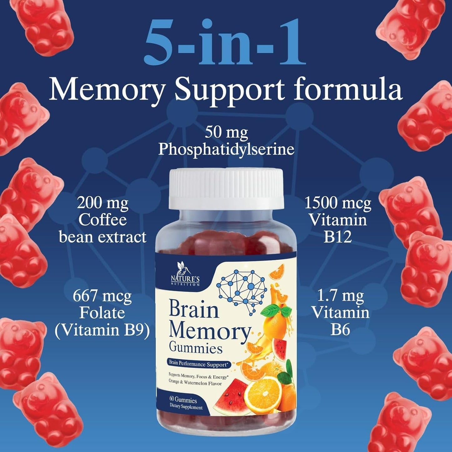 Brain Supplement Gummy for Memory, Focus & Concentration Support Gummies plus Nootropics - 60 Gummies
