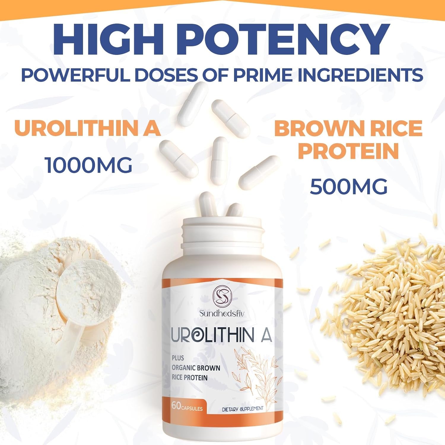 Urolithin a Supplement 1500MG plus Brown Rice Protein, for Exercise Performance & Premium Cellular, Gluten Free, 60 Capsules