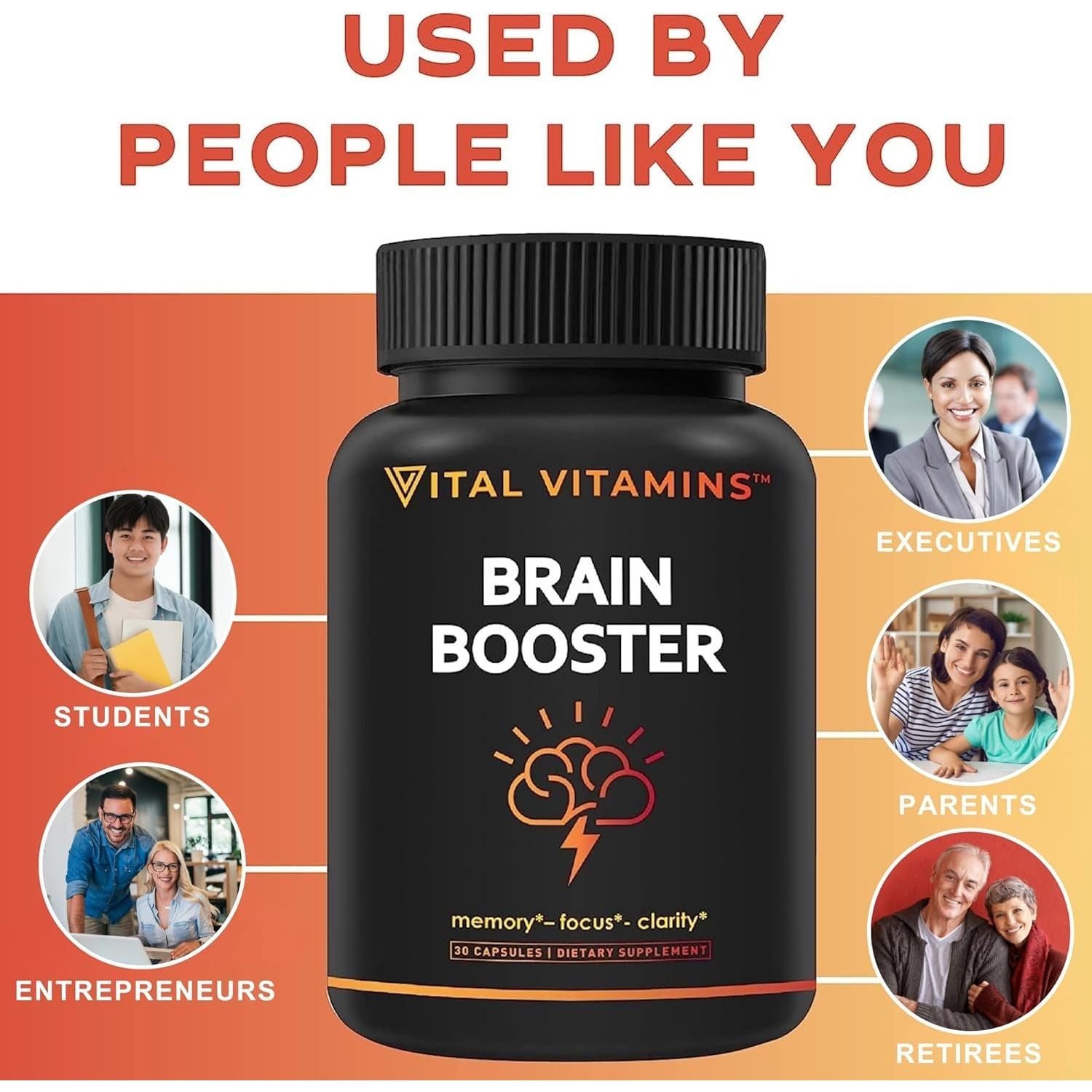Vital Vitamins Nootropic Brain Supplement - for Memory, Focus, Clarity, & Energy - 30 Capsules