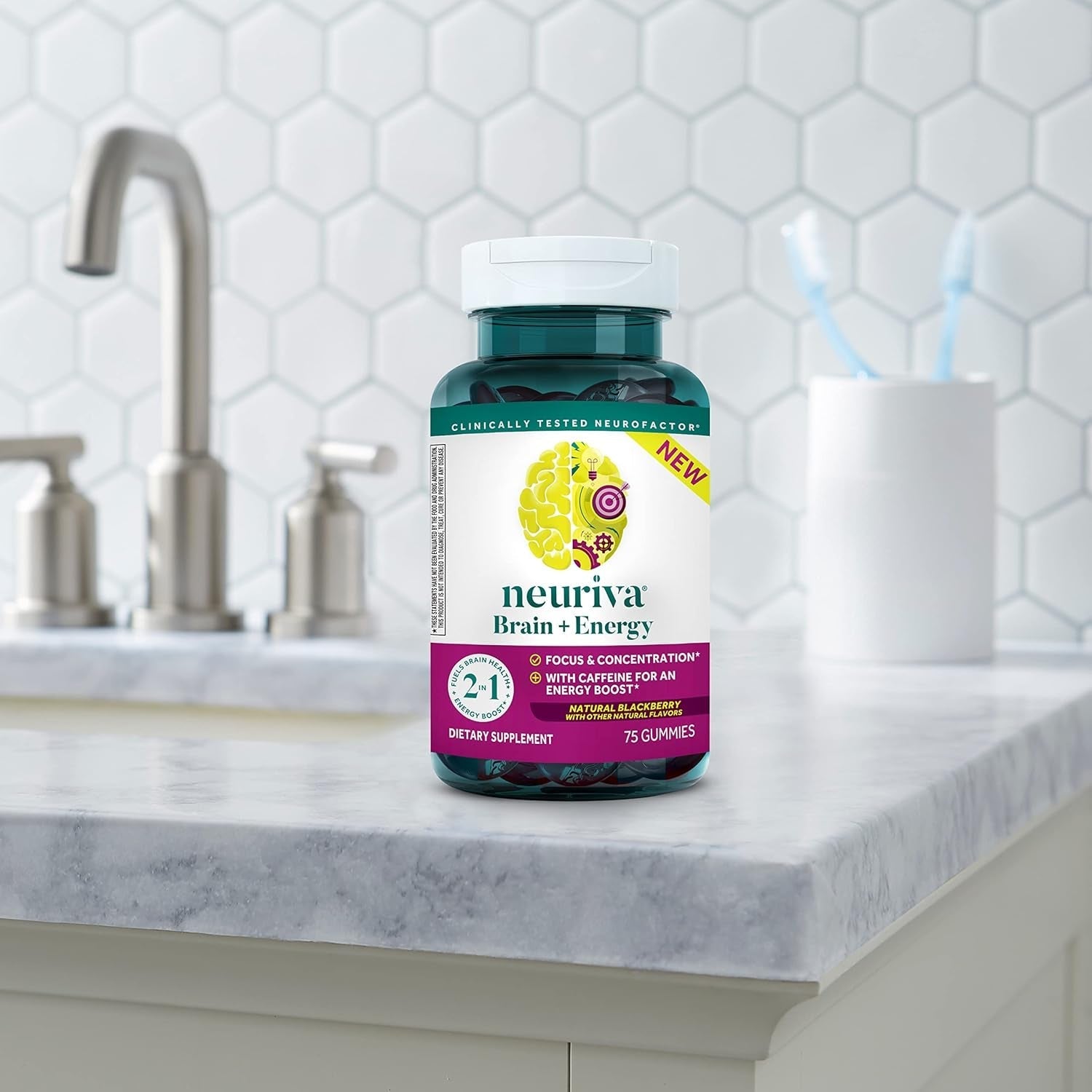 NEURIVA Brain + Energy Gummies, Nootropic Brain Supplements for Focus and Concentration 75 Count