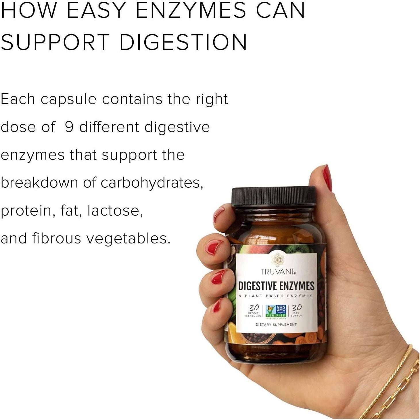 Truvani Digestive Enzymes | 9 Enzyme Blend | Digestive Support | Reduce Bloating | Increased Nutrient Absorption | 30 Day Supply