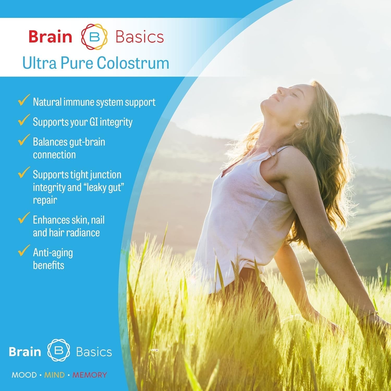 Brain Basics Ultra-Pure Colostrum, 4000Mg for Gut-Brain-Immune Health, Glowing Hair and Skin 120 Grams - 30 Servings