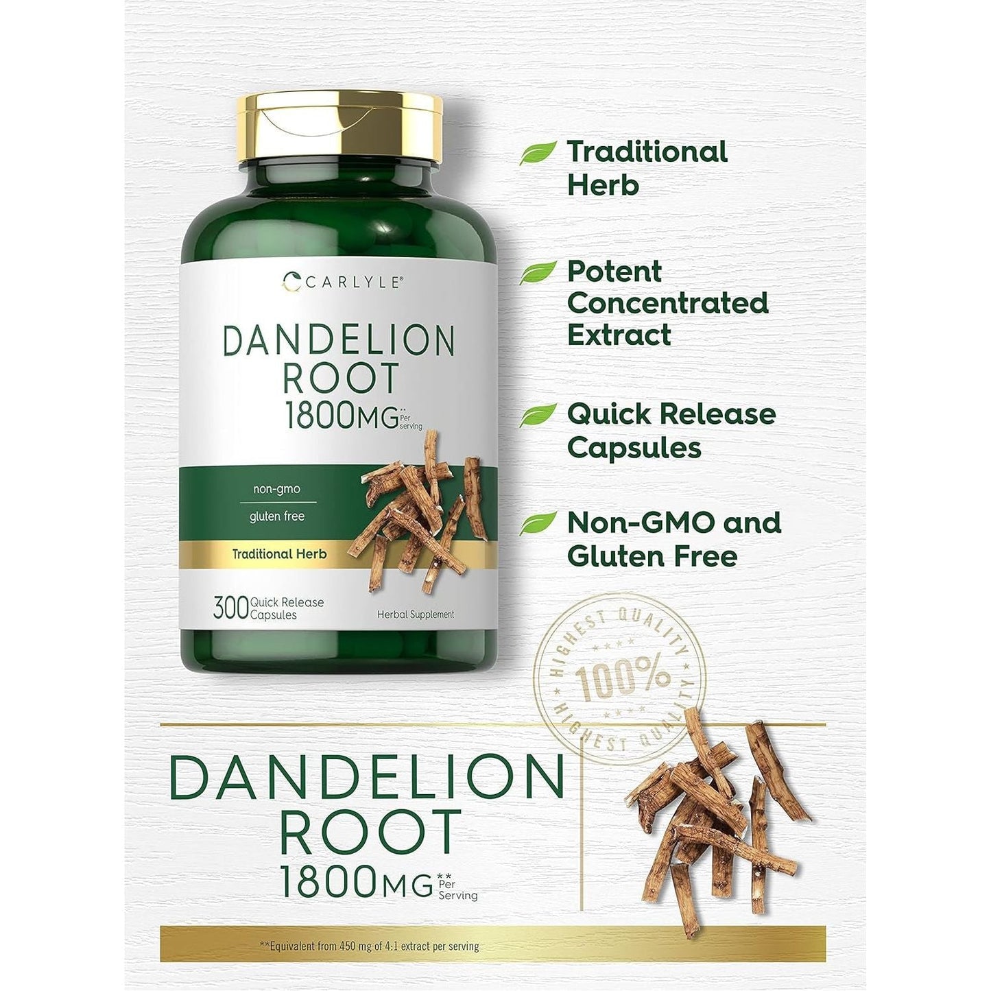 Carlyle Dandelion Root | 1800Mg | 300 Capsules | Non-Gmo, Gluten Free Supplement