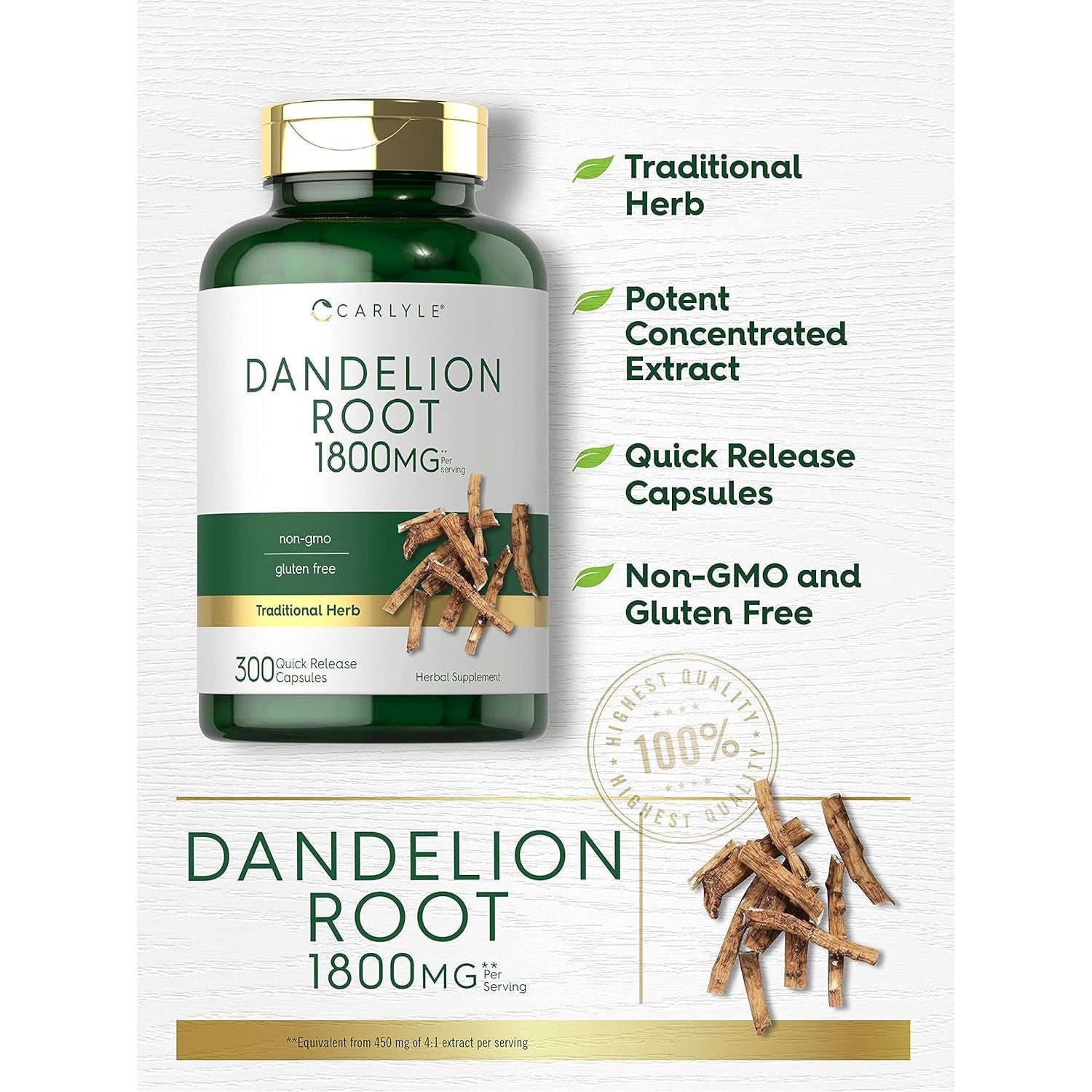 Carlyle Dandelion Root | 1800Mg | 300 Capsules | Non-Gmo, Gluten Free Supplement
