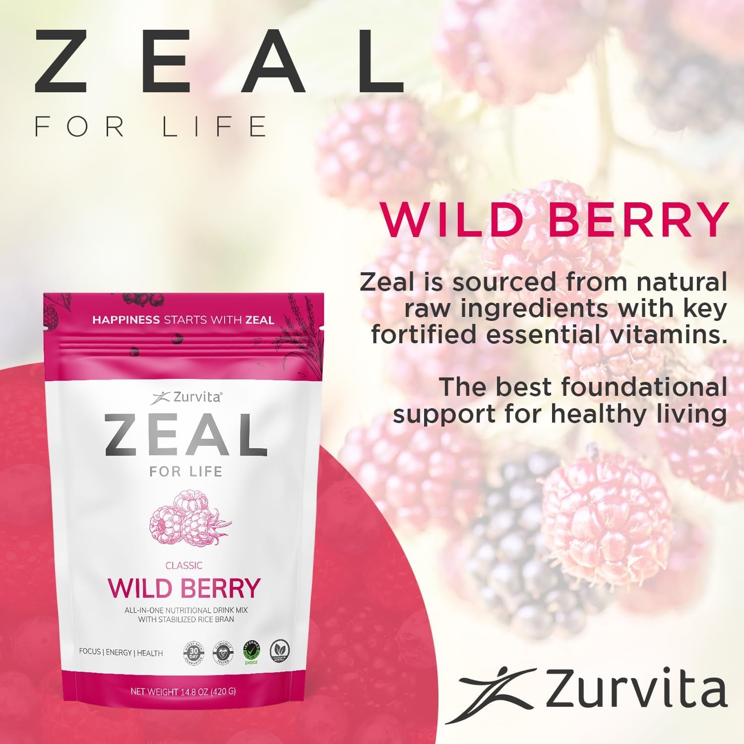 Zurvita - Zeal for Life 30-Day Wellness Bag - Nutritional Supplement for Vitality, Immunity, and Wellness - 420 Grams Wild Berry (Classic)