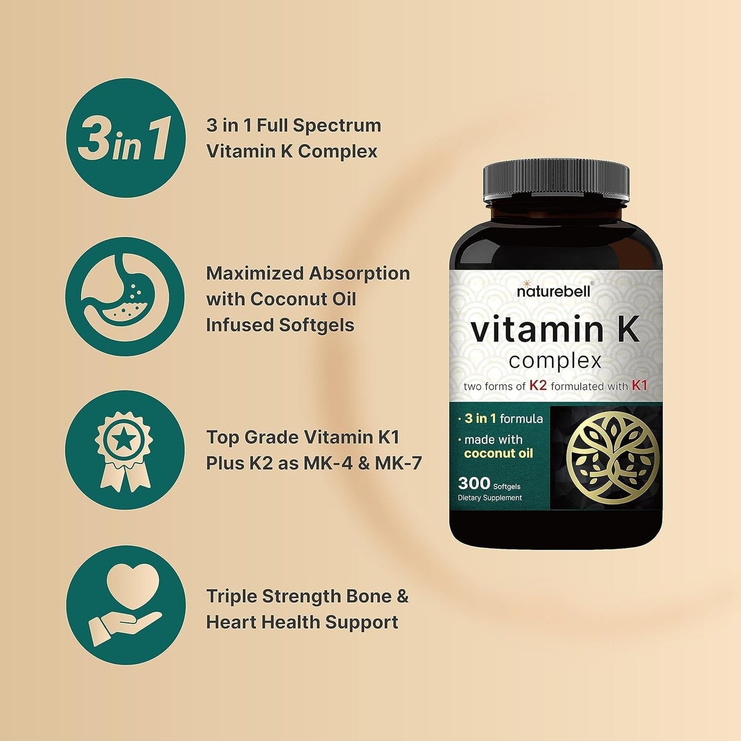 Naturebell Vitamin K Complex, 2,600Mcg per Serving, 300 Coconut Oil Softgels | Heart & Bone Support