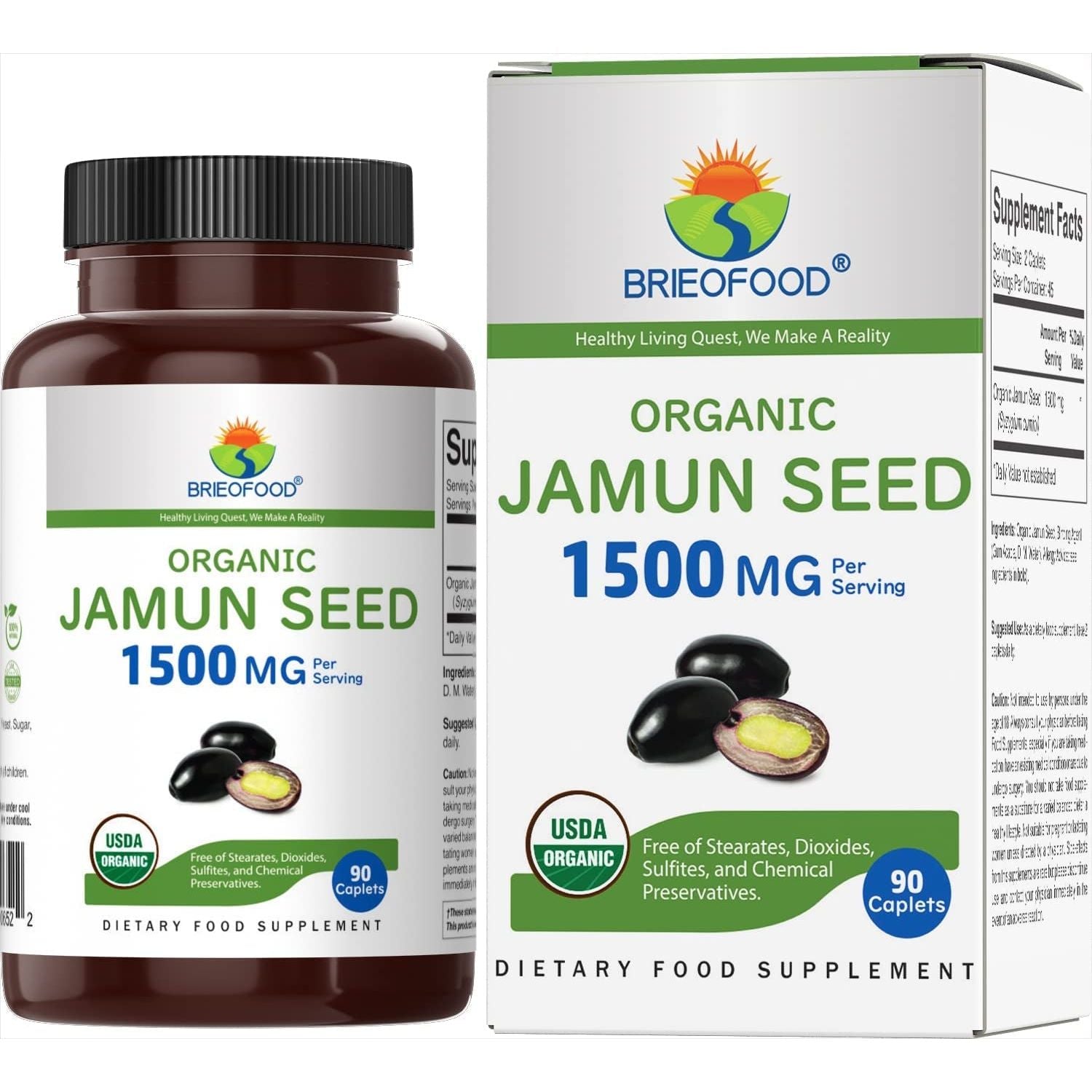 Brieofood Organic Jamun Seed 1500Mg, 45 Servings, Vegetarian, Gluten Free
