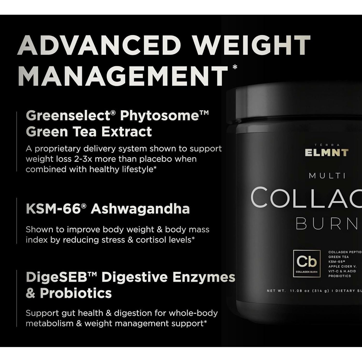ELMNT Super Collagen Powder for Women Weight Loss + Beauty W. Probiotics, Hyaluronic Acid, ACV, KSM-66, Biotin (Unflavored)