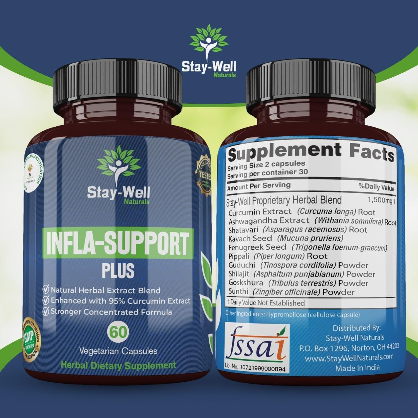 Infla-Support Plus- 750Mg Herbal Supplement Blend with Curcumin and Ashwagadha Extract & More 60 Count