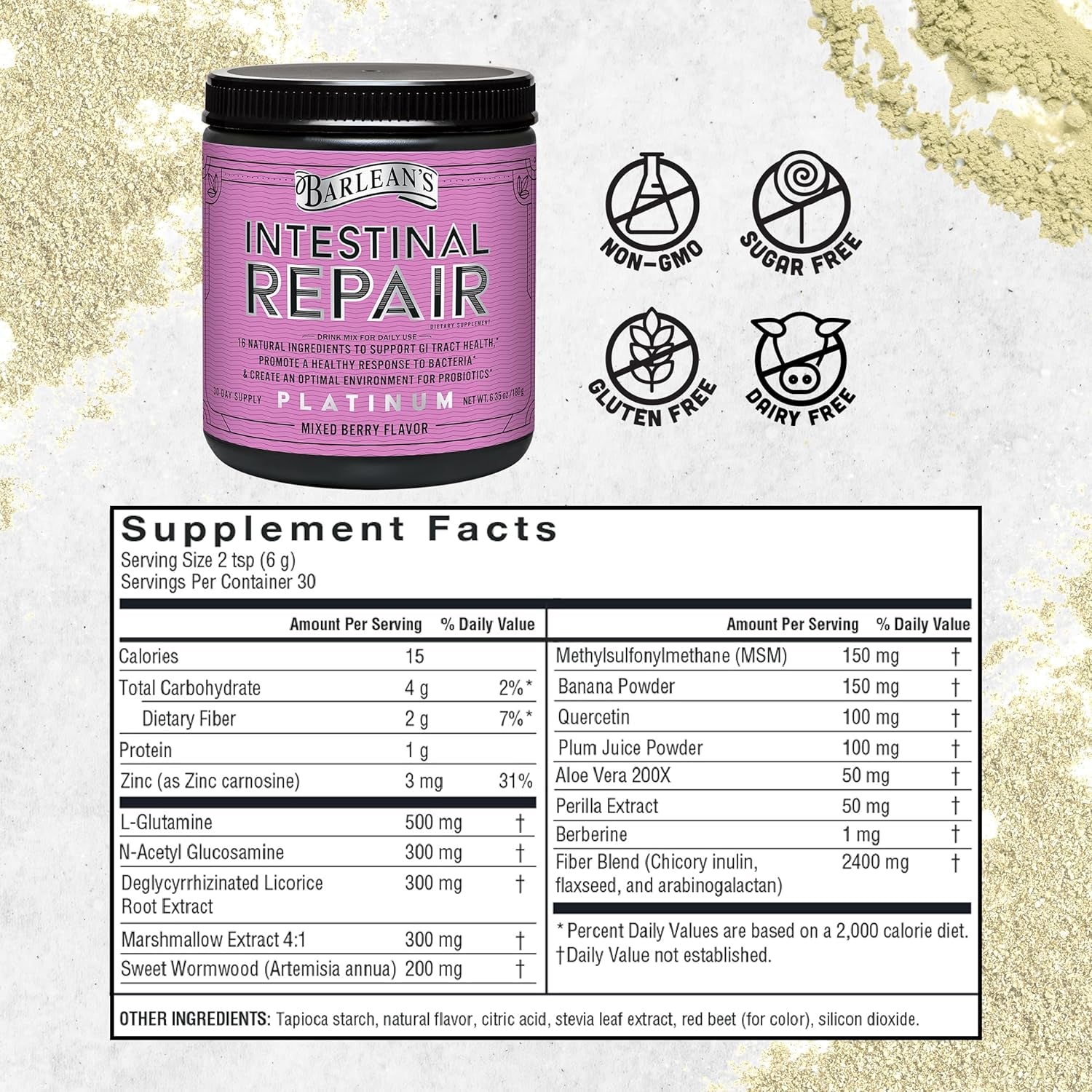 Barlean’S Intestinal Repair Gut Health Powder with 16 Digestive Supplements 6.35 Oz