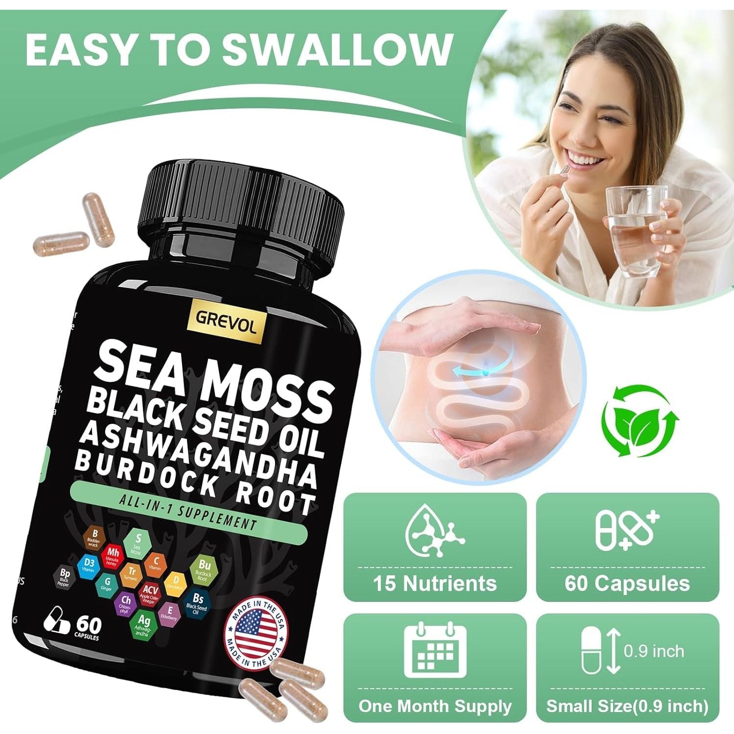 Sea Moss Black Seed Oil Ashwagandha Bladderwrack Burdock Root Turmeric - Multimineral Supplement - 60 Count