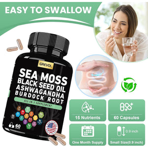 Sea Moss Black Seed Oil Ashwagandha Bladderwrack Burdock Root Turmeric - Multimineral Supplement - 60 Count