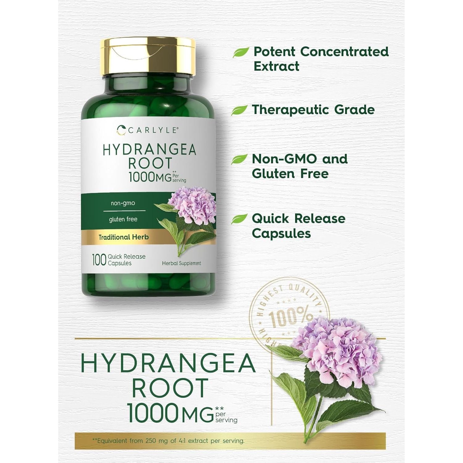 Carlyle Hydrangea Root Capsules | 1,000Mg | 100 Count | Non-Gmo, Gluten Free Extract