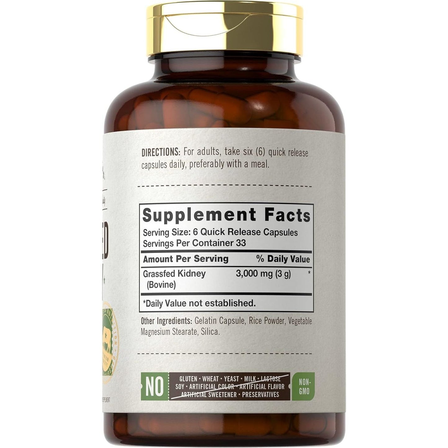 Carlyle Grass Fed Beef Kidney Supplement | 200 Capsules | 3000Mg | Hormone and Pesticide Free by Herbage Farmstead