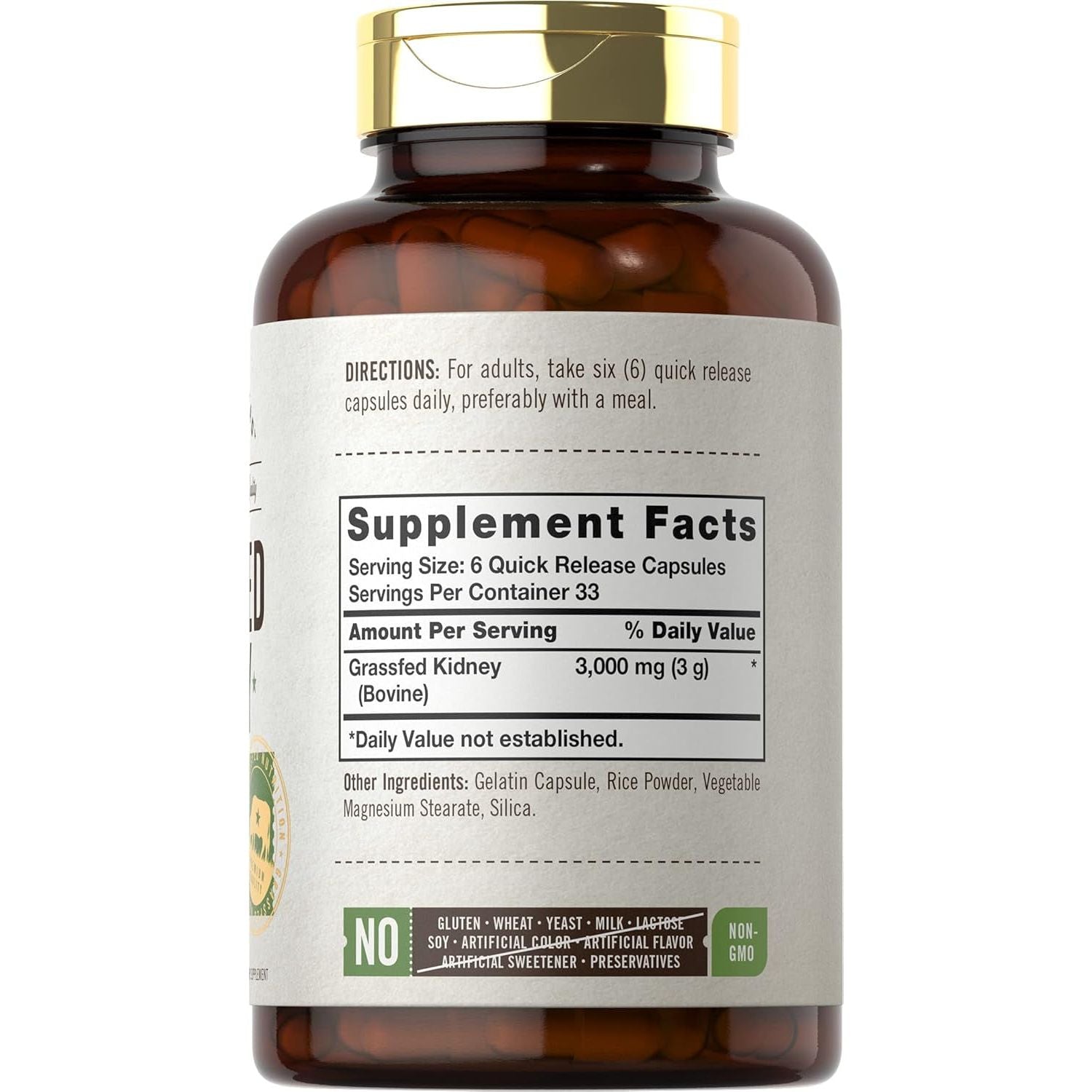 Carlyle Grass Fed Beef Kidney Supplement | 200 Capsules | 3000Mg | Hormone and Pesticide Free by Herbage Farmstead