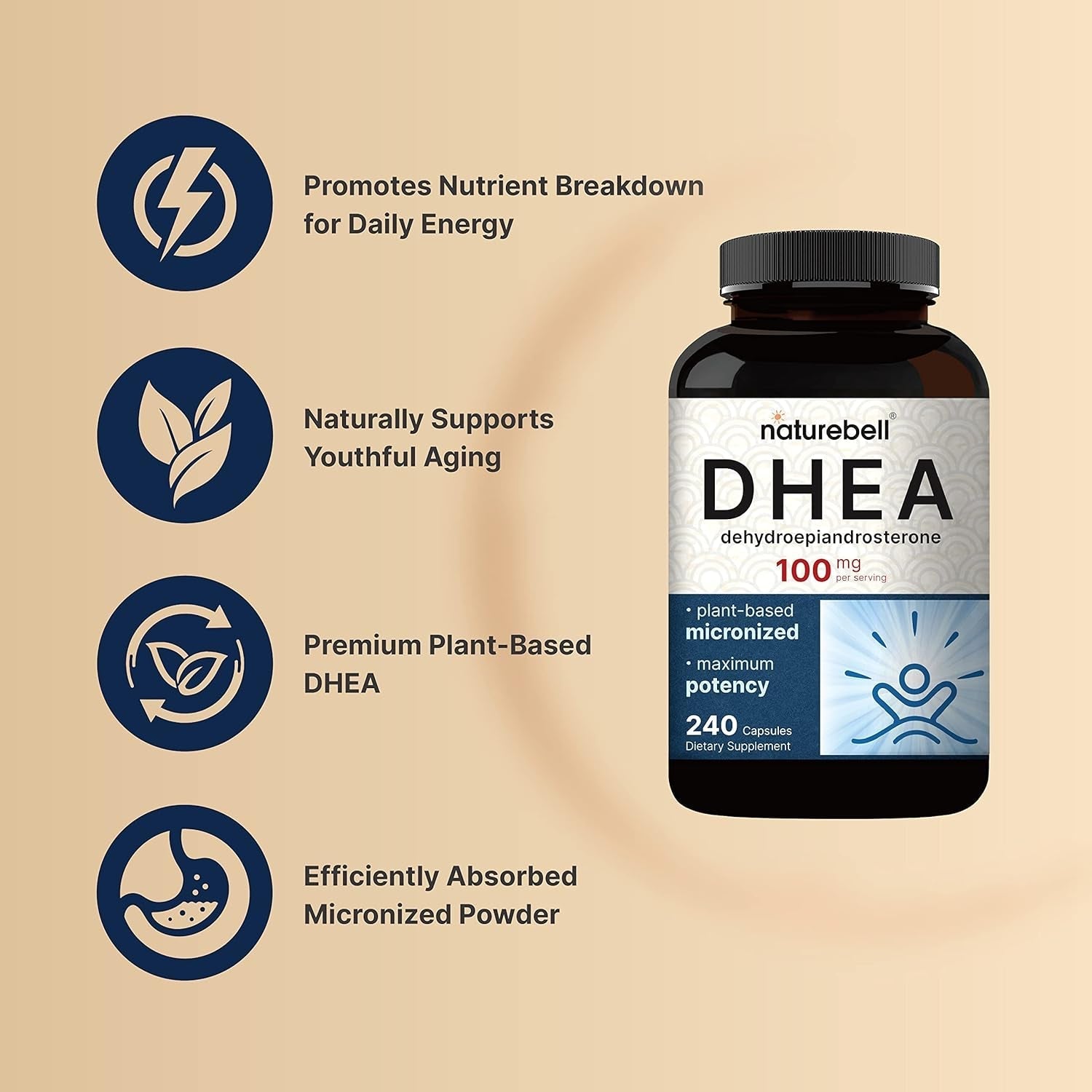 Naturebell DHEA 100Mg – Supports Energy Level, Metabolism, and Healthy Aging 240 Capsules