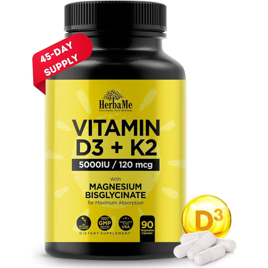 Vitamin D3 5000 IU + K2 with Magnesium Bisglycinate for Max Absorption | 90 Capsules