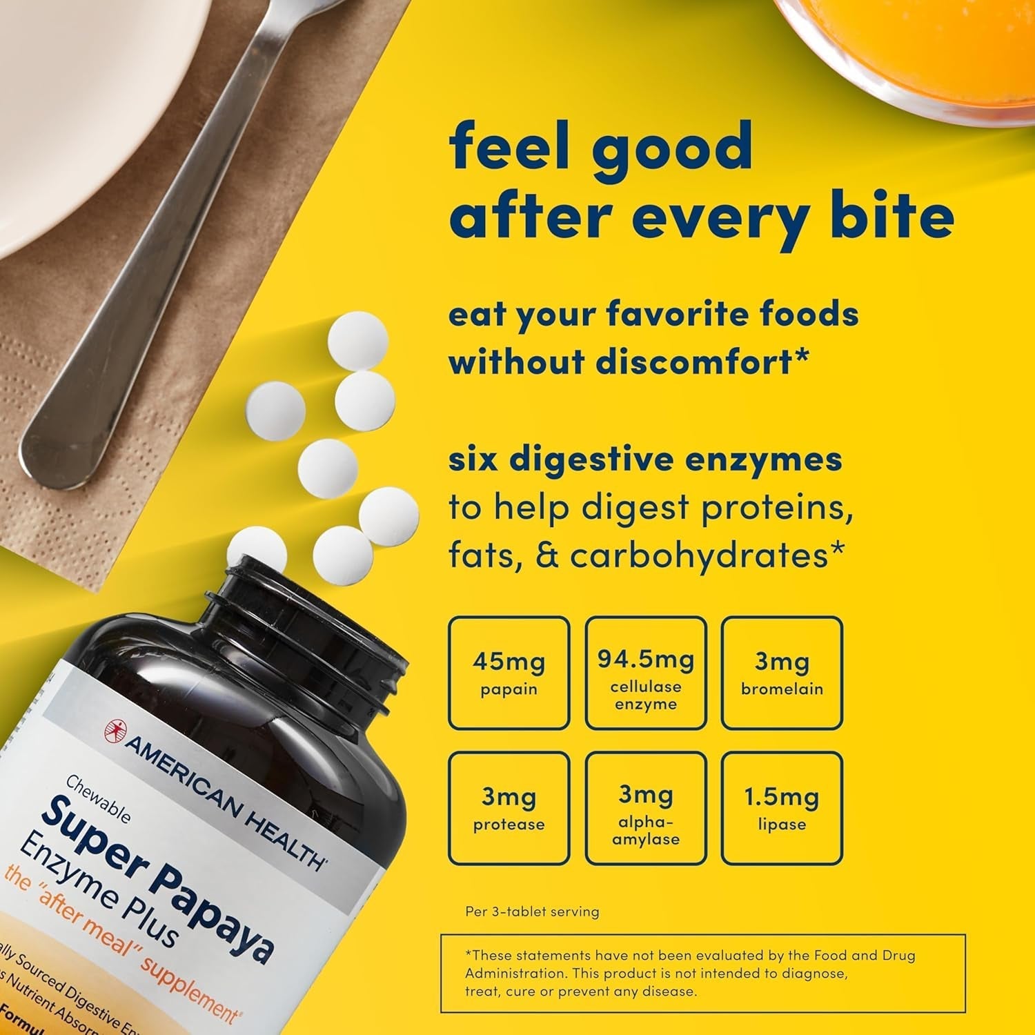 American Health Super Papaya Enzyme plus Chewable Tablets, Promotes Digestion & Nutrient Absorption 90 Count, 30 Servings