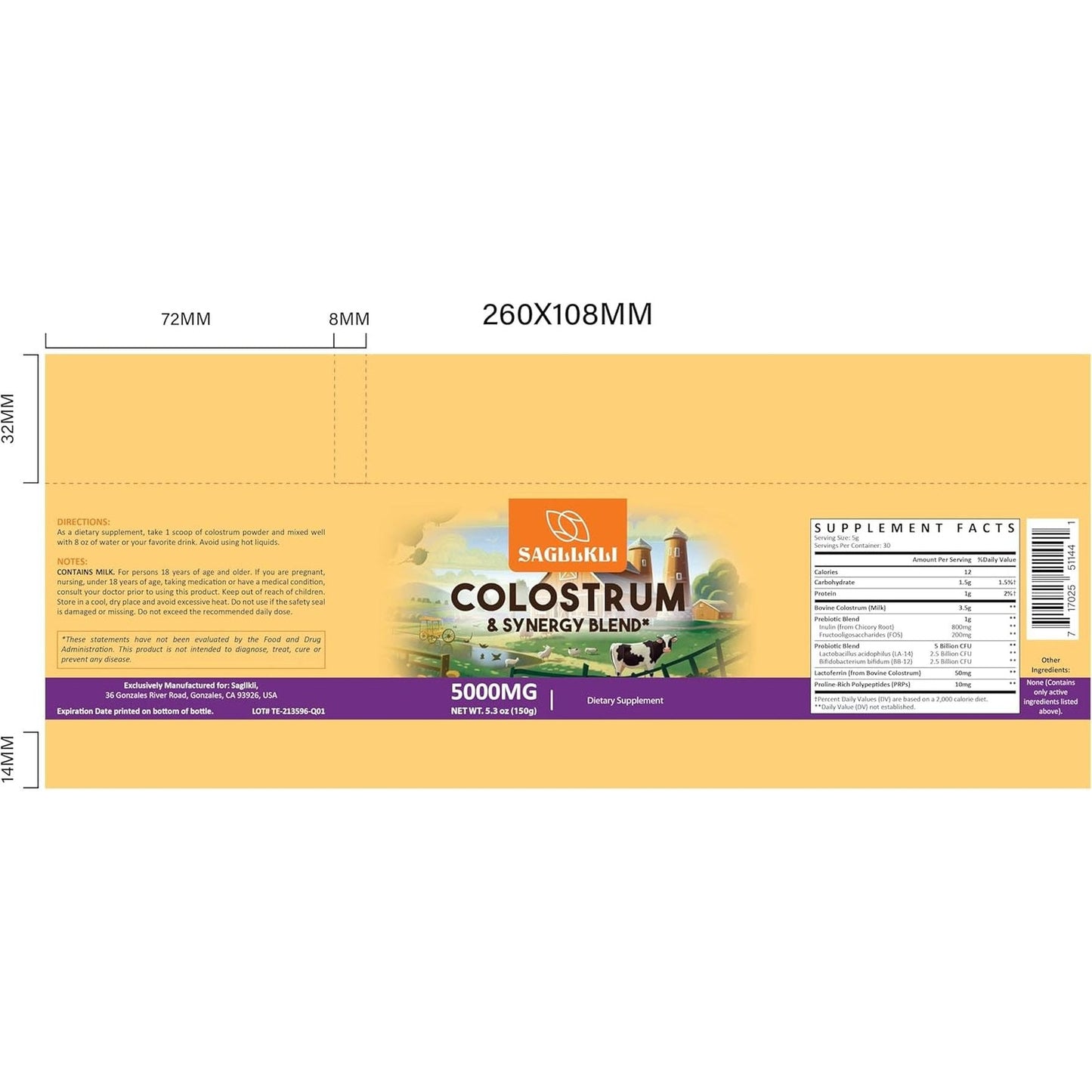 Colostrum Powder Supplement 5,000 Mg with Prebiotics, Probiotics, Lactoferrin & PRP, 30 Servings