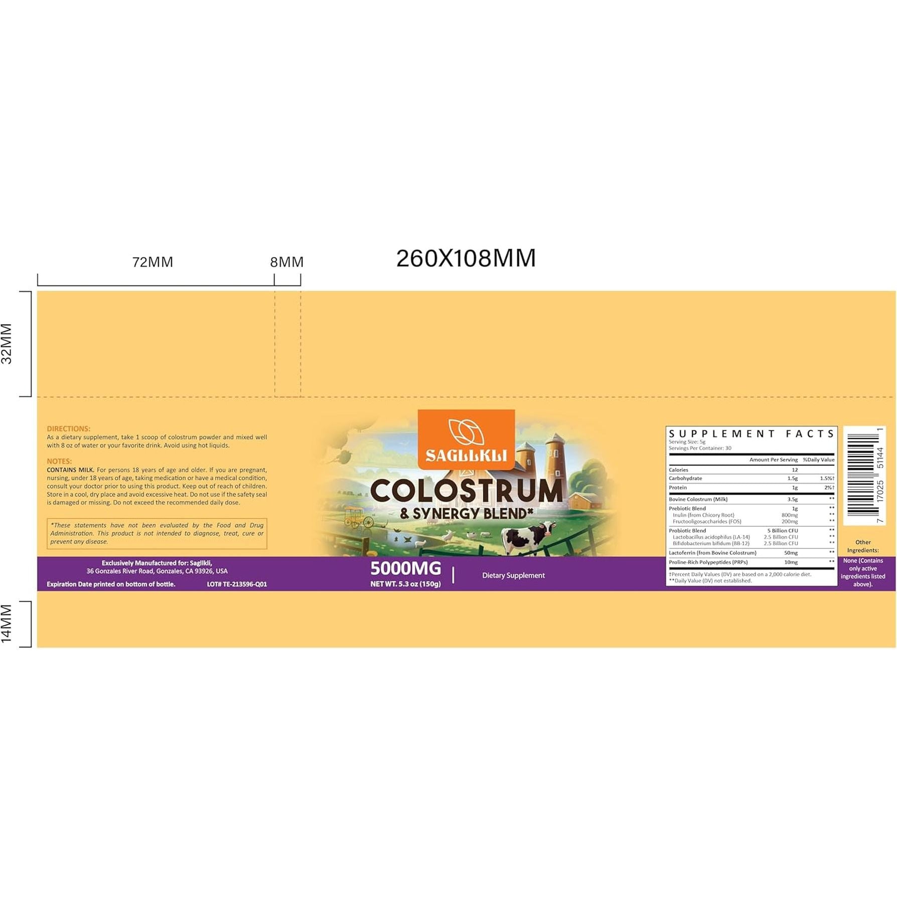 Colostrum Powder Supplement 5,000 Mg with Prebiotics, Probiotics, Lactoferrin & PRP, 30 Servings