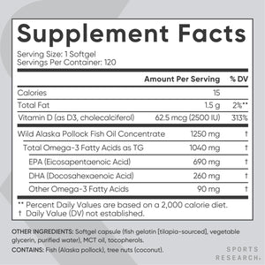Sports Research® Triple Strength Omega-3 + Vitamin D3 2500Iu (62.5Mcg) 120 Capsules