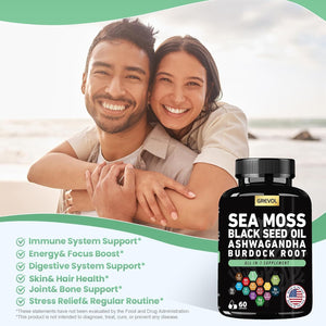 Sea Moss Black Seed Oil Ashwagandha Bladderwrack Burdock Root Turmeric - Multimineral Supplement - 60 Count