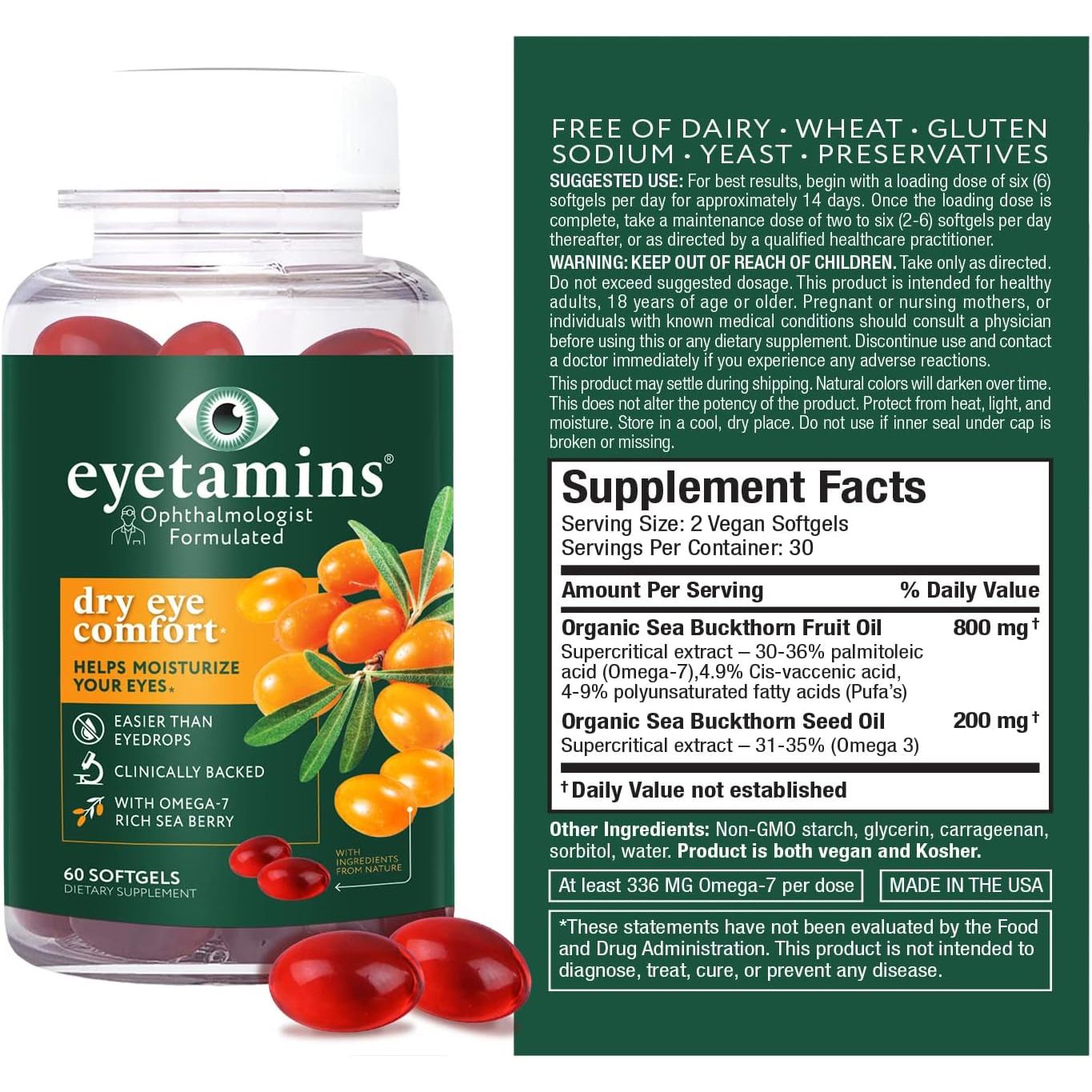 Dry Eye Comfort - Ophthalmologist - Formulated, Natural - Himalayan Sea Buckthorn Oil - Vegan and Non-Gmo Formula 60 Softgels