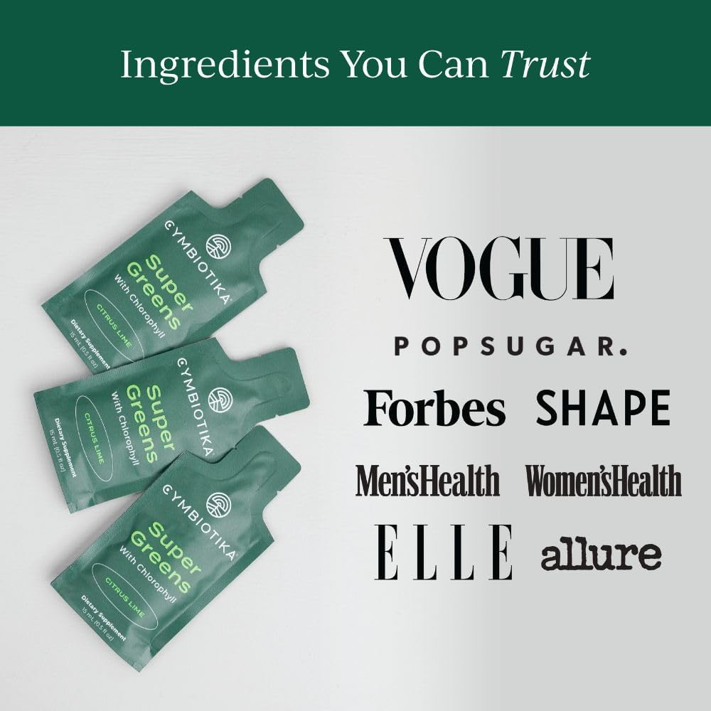 CYMBIOTIKA Super Greens Supplement with Chlorophyll, Spirulina for Digestive Gut Health, Detox,15 Ml Pouches, 30 Packets