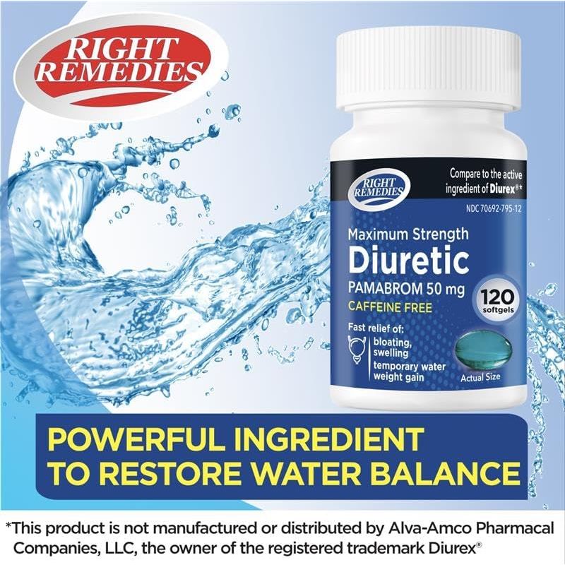 Maximum Strength Caffeine-Free Diuretic Softgels, Pambrom 50Mg, Helps Relieve Heaviness Due to Water Weight Gain (120 Count)