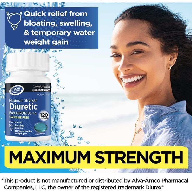 Maximum Strength Caffeine-Free Diuretic Softgels, Pambrom 50Mg, Helps Relieve Heaviness Due to Water Weight Gain (120 Count)
