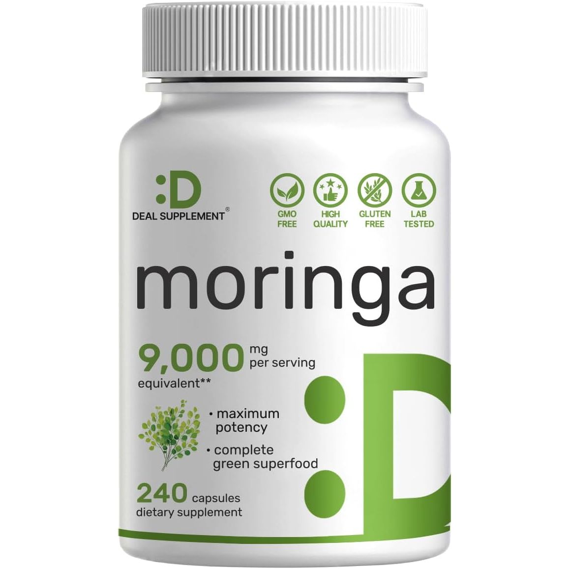 Moringa Pure Capsules 9,000Mg – Complete Green Superfood Supplement for Energy, Skin, & Immune Health Support 240 Capsules