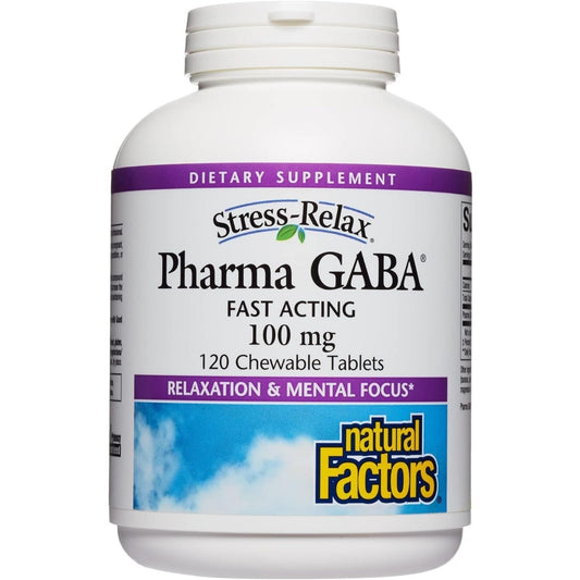 Stress-Relax Chewable Pharma GABA 100 Mg by Natural Factors, Non-Drowsy Stress Support for Relaxation and Mental Focus 120 Tablets