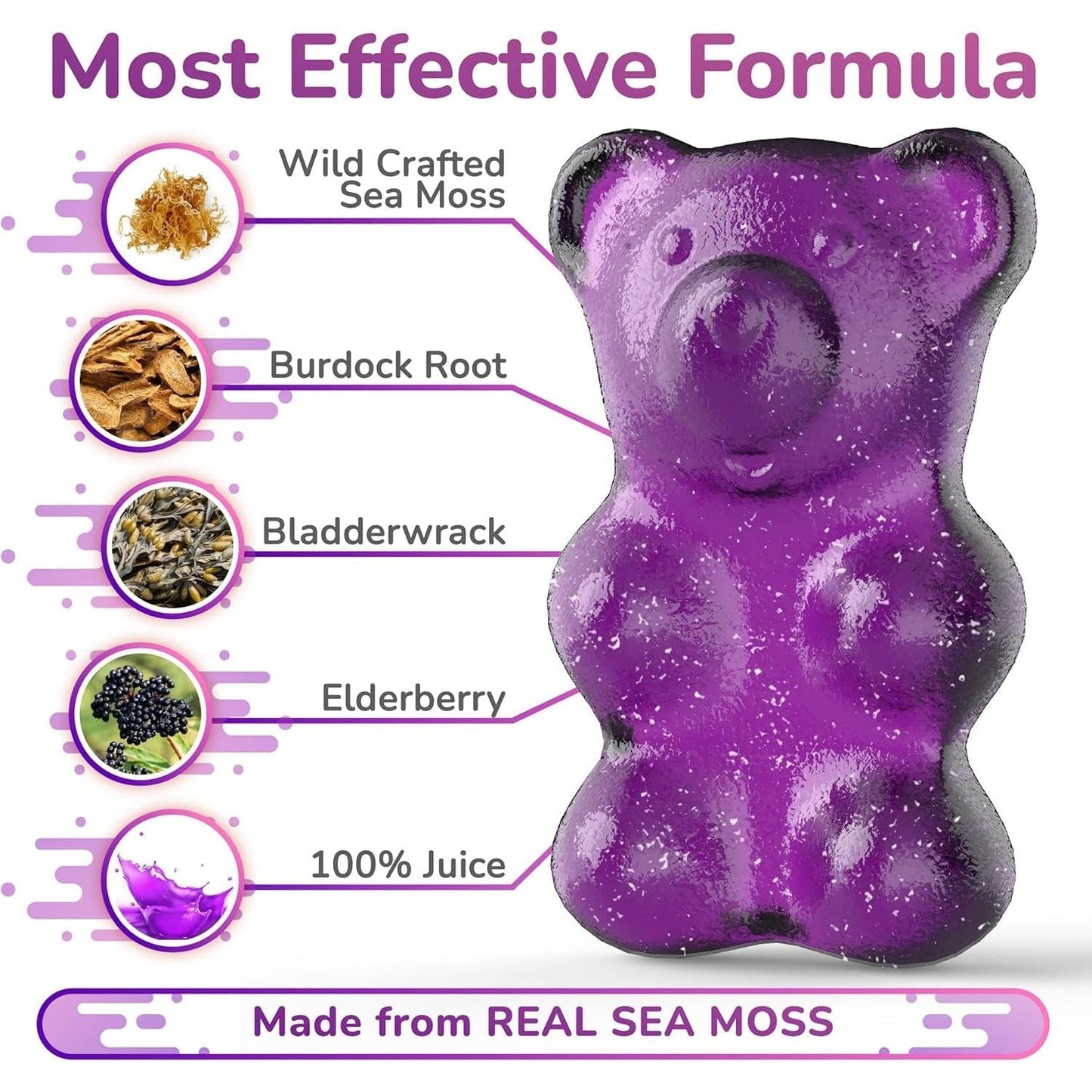 Sea Moss Elderberry Gummies with Magnesium, Burdock Root and Bladderwrack – Daily Nutritional Support for Kids and Adults | 60Pcs