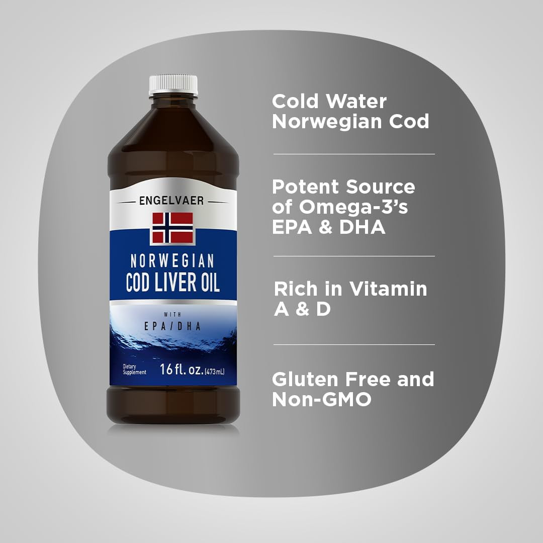 Piping Rock Cod Liver Oil Liquid | 16 Fl Oz | with EPA DHA | Engelvaer Norwegian