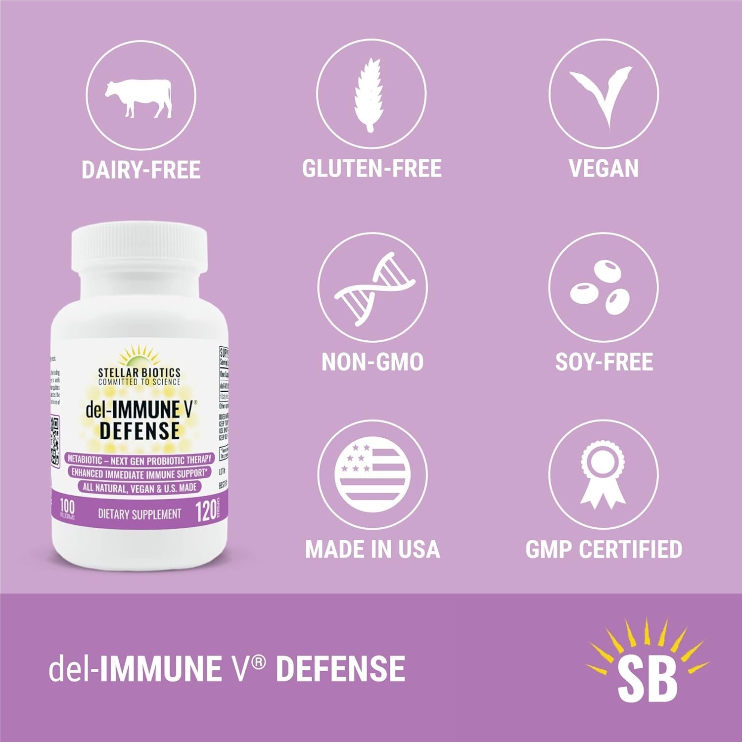 Del-Immune V® Defense by Stellar Biotics, All-Natural Immune Support & Gut Health (120 Caps)