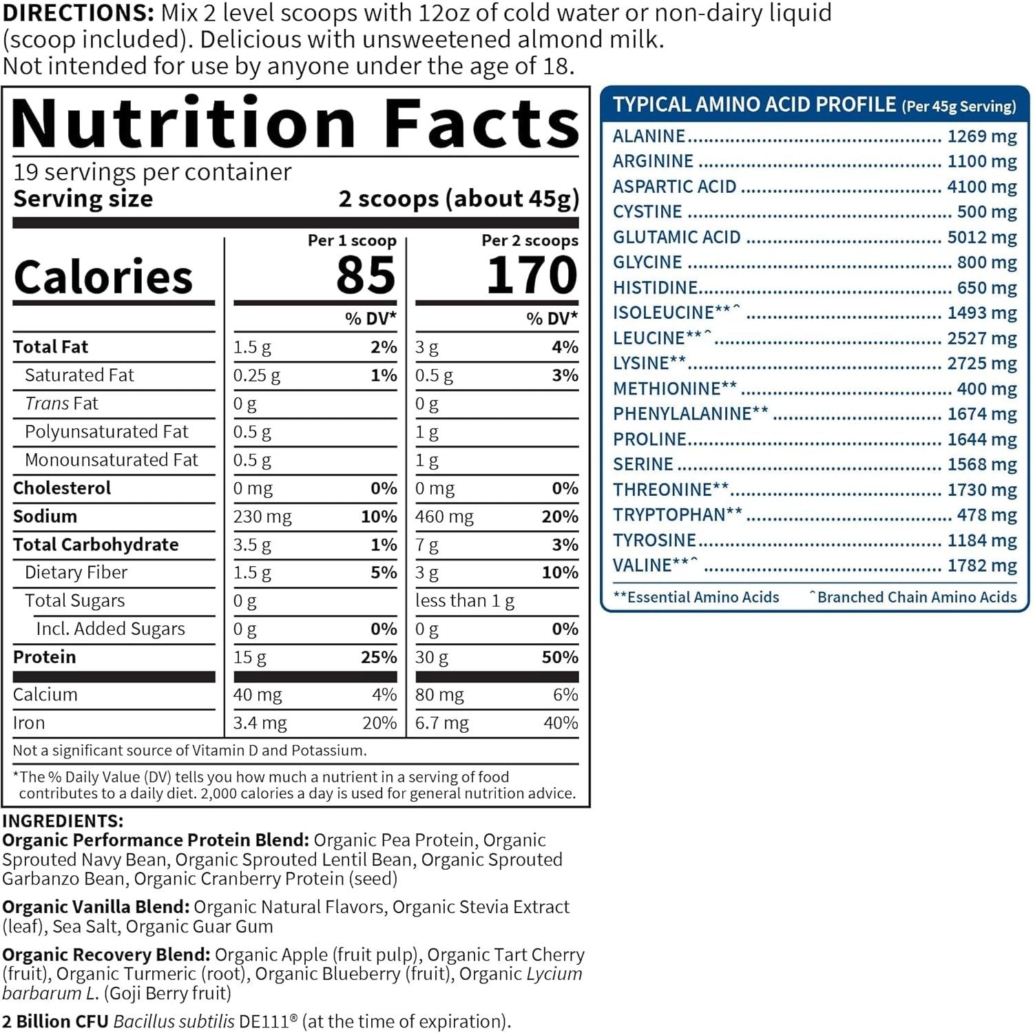 Organic Vegan Protein Powder, Vanilla Protein Powder with Probiotics, Bcaas, 30G Plant Protein 19 Servings