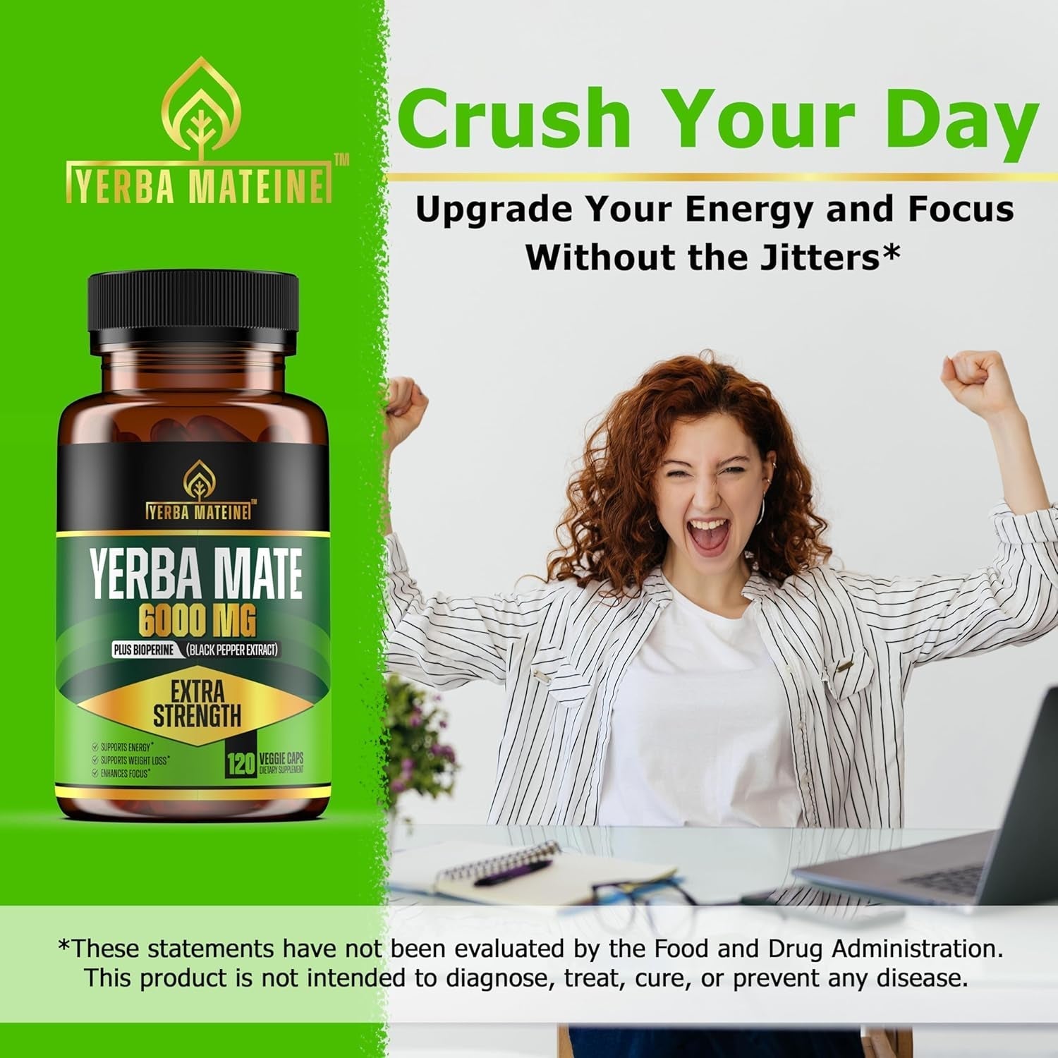 6000Mg Extra Strength Yerba Mate, 60Mg Caffeine per Capsule, for Clean Natural Energy, Improved Focus, Concentration - 120 Caps