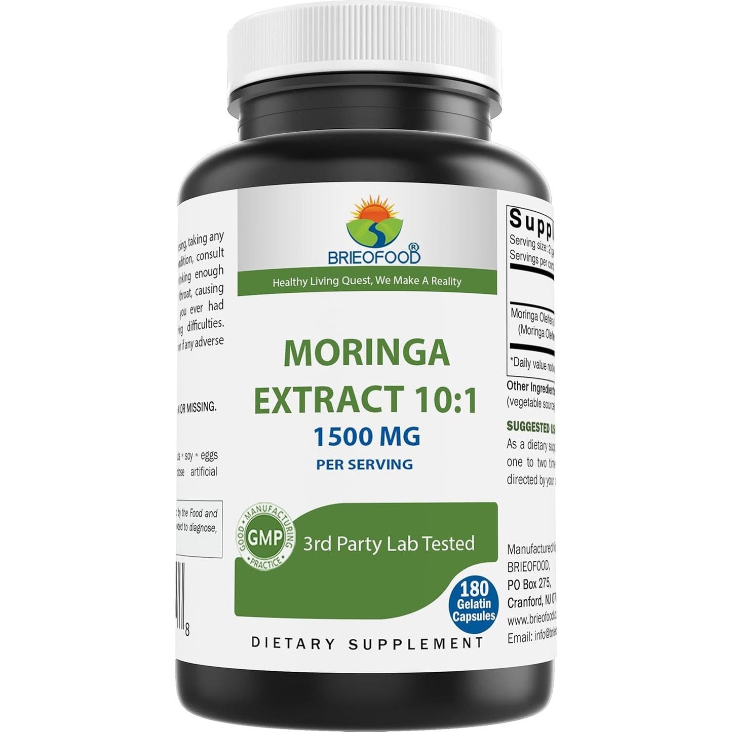 Brieofood Moringa Oleifera Extract 10:1 1500 Mg - Moringa Leaf Green Superfood 180 Capsules