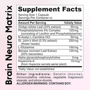 Nootropic Vitamin Brain Matrix - Memory, Focus & Aging Support - Decaffeinated - 90 Tablets.
