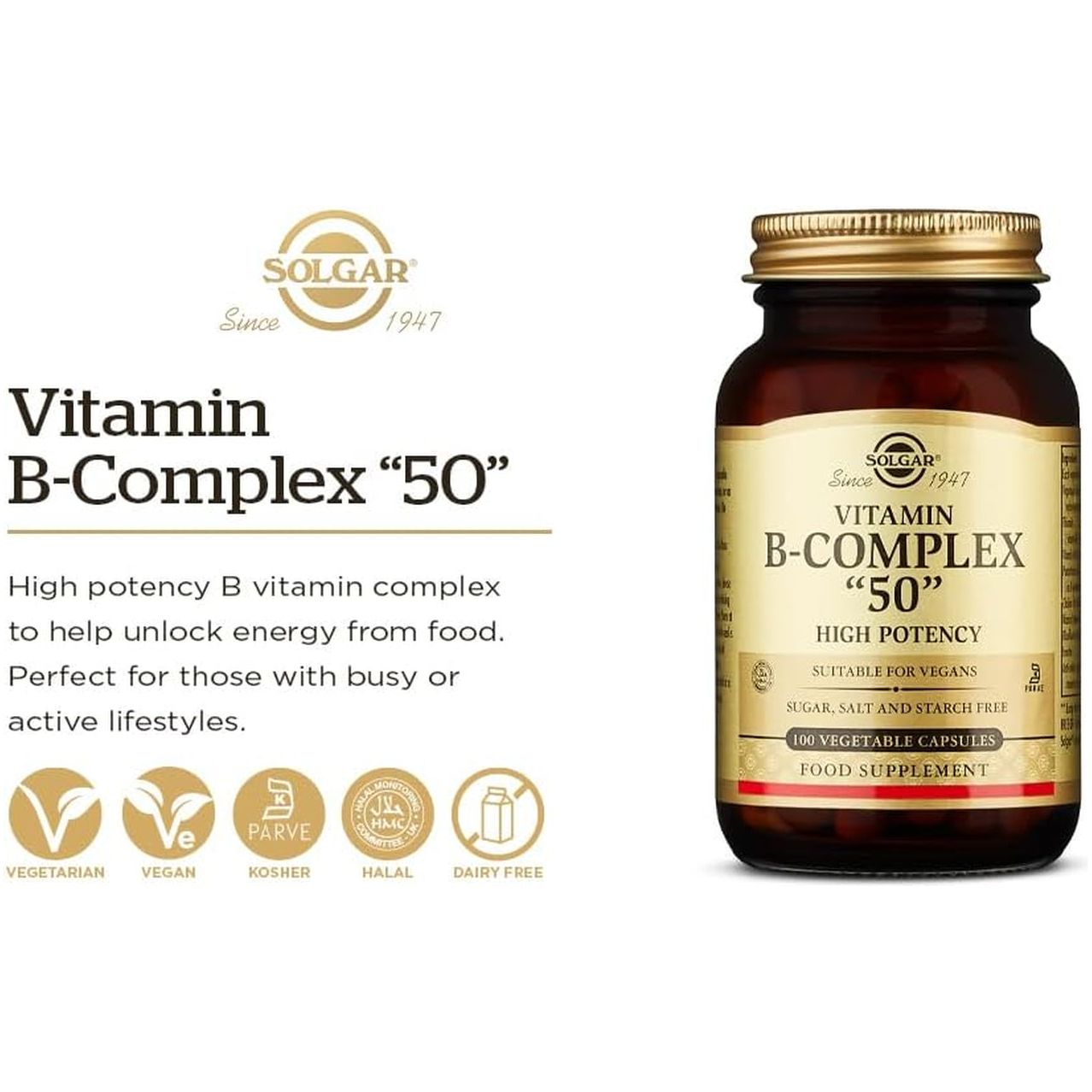 Solgar Bcomplex “50” Vegetable Capsules Energy Metabolism Cardiovascular Support & Nervous System Support 100 Count